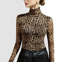 1 stücke Frauen Herbst Ultradünne Leopard Print Hohe Kragen Mesh Lange ärmeln Tops Dame Thermische Unterwäsche Slim Fit Mode top