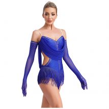 Women Glittery Rhinestone Gymnastics Figure Skating Costume Tassel Latin Tango Ballet Dance Leotard Fringed Bodysuit with Gloves