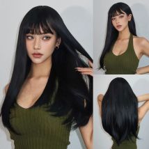 GEMMA Lange schwarze glatte Haarperücke mit vollem Pony, synthetische schwarze Cosplay-Perücken für den täglichen Gebrauch für weiße Frauen, hitzebeständige Faser