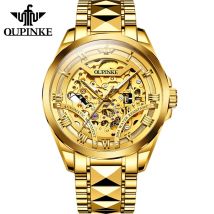 OUPINKE 3210 Golduhr für Herren, automatisches Uhrwerk, klassische römische Skala, wasserdicht, leuchtend, originelle mechanische Armbanduhr für Herren
