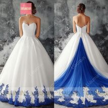 Weißer Tüll, blaue Spitzenapplikation, trägerlos, bodenlang, Schnürung am Rücken, formelle Hochzeits-Abschlussballkleider, Brautkleid nach Maß W19-5