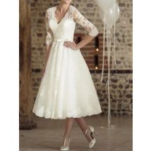 Vintage-Brautkleid in A-Linie im Stil der 1940er Jahre, Empfangskleid mit V-Ausschnitt, knielang, mit Spitze bedeckter Knopf, Sommer-Brautkleid, 2025, kostenlos individuell gestaltet