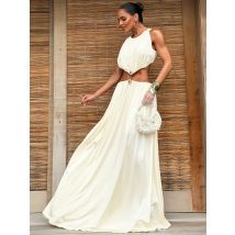 Nibber Ärmelloses Taillenloses Maxikleid für Damen, O-Ausschnitt, Metallbesatz, dünn, elegant, Sommer, schick, Hipster, Abschlussball, Party, Urlaub, Vestidos