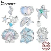 BAMOER 925 srebro niebieski ocean Charms na bransoletki, rozgwiazda wieloryb muszla DIY koraliki urok biżuteria prezenty dla kobiet