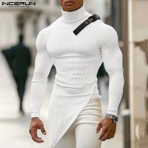 INCERUN Tops 2024 Amerikanischen Stil, Mode, Männer Solide Einfache High Neck Textur T-shirt Casual Streetwear Männlichen Lange Ärmeln Camiseta