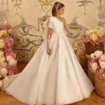 Abiti da ragazza di fiore monospalla per matrimonio Abito da spettacolo di abiti da festa di compleanno per bambina con perline di lusso