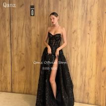 Qanz Schwarz Spitze Vestidos De Fiesta Elegantes Hohe Schlitz Schatz Open Back Prom Party Kleider Formale Kleider Frau Angepasst