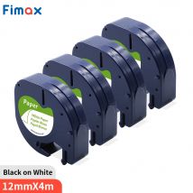 4/10 Stück 91200 kompatibel für DYMO LetraTag Etikettenband 91220 91330 59421, Schwarz auf Weiß, 12 mm x 4 m Papier für DYMO Etikettendrucker