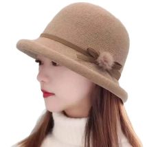 Woolen Bucket Hat Damen Herbst und Winter Bow Koreanische Version Vielseitiger japanischer Kuppelbeckenhut Britischer Retro-Zylinder Tide