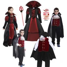 Halloween Fantasy Children's Costumes Ghost Bride Gothic Cosplay Girls Red Vampire Day of The Dead Kids Costumes for Boy Girl
