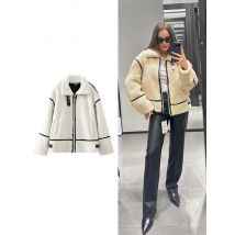 Women's High Street Fashion Biker Jacket European and American Style Casual Fur One-piece Lamb's Wool Clash Colour Warm Coat