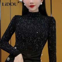 Frühling Herbst Halb Hohen Kragen Diamons Bodenbildung T-shirt Dame Langarm Casual Mode Alle-spiel Pullover Tops Frauen Schwarz t