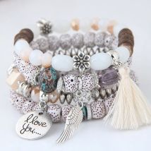 Artystyczny wisiorek koraliki bransoletki i Bangles dla kobiet kwiat Boho frędzel z liściem
