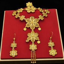 Nigerian Flower 24k Gold Plated Jewelry Set for Women Costume Dubai Indian Bridal Necklace Earrings Sets  Wedding Party Gift
