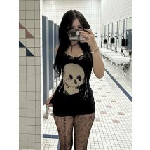 AltGoth Cyber Punk Gothic Kleid Frauen Streetwear Harajuku Schädel Gedruckt Ärmellose Hohe Taille, Figurbetontes Kleid Grunge Rave Outfits