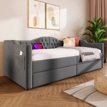 KOMHTOM Daybett Schlafsofa 90x190 cm Grau Linen - USB Type C Ladefunktion, 2 Schubladen Stauraumbettgestell, ohne Matratze