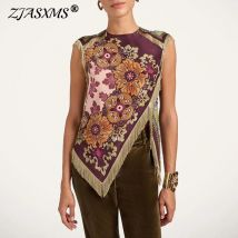 Ethnische Vintage Floral Print Frau Kleidung Elegante O Neck Quaste Kreuz Split Unregelmäßige Top Sommer Ärmellose Zipper Bluse Shirts