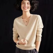 Damen-Pullover aus 100 % reinem Kaschmir, V-Ausschnitt, lockeres, lässiges Strickoberteil, Herbst/Winter, solide, vielseitige Basic-Bluse