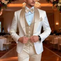 White And Champagne Acetate satin Men Suit Wedding Party Formal Groom Prom Business Male Tuxedos 3 Piece Set Jacket Vest Pants