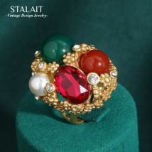 Luxus Vintage Oval Kristall Grün Naturstein Perle Ringe Kupfer Material Französisch Retro Multi Antiken Schmuck Hochzeit für Frauen