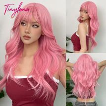 Hellrosa lange gewellte Cosplay-Kunsthaar-Perücken mit Pony für weiße Frauen, Afro-Lolita, Wasserwelle, Halloween, hitzebeständige Perücke