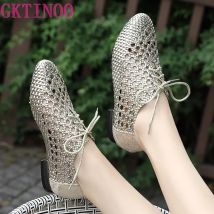 2026 Sommer Hohlgeflochtene Atmungsaktive Damenschuhe Große Größen Spitze Echtleder-Sandalen Sommer Flache Freizeitsandalen