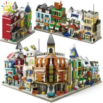 HUIQIBAO Moc Architecture Street View Building Blocks coffee Store Restaurant Room Children City Construction Brick Toy Set Gift