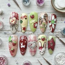 24pcs Cute Cartoon Sweet False Nails Press On Nails Almond Tips Wearable Pastoral Style Fake Nails With Strawberry Bunny Designs