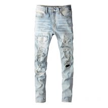 Pantalones vaqueros rasgados con agujeros de cristal para hombre, ropa de calle, pantalones pitillo ajustados de mezclilla azul claro