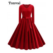 Tonval rot fester Samt Herbst Winter Weihnachten lange Kleider elegante Frauen V-Ausschnitt 3/4 Länge Ärmel Vintage schlichte Schaukel Kleid