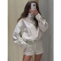 Fashion Polka Dot Shorts Sets For Women 2025 Autumn Drawstring Bomber Jacket High Waist Shorts 2 Pieces Set Woman Outfits