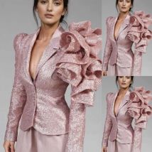 Bling Rosa Damen-Blazer-Kleid, abgestufte Rüschen, langärmelig, Partykleid, maßgeschneidert, Street Power, formelle Kleidung, einteilig