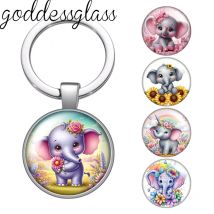 New Cute cartoon Baby Elephant Flowers rainbow photo glass cabochon keychain Bag Car key chain Ring Holder Charms keychains