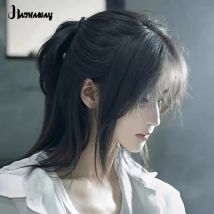 Synthetische Perücke kurzes Haar männlich Wolfs schwanz Meer äsche Kopf lange Samurai Kopf schwarz Unisex kurzes Haar Jungen voller Kopf täglich tragen Perücke