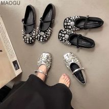 Modische silberne Strass-Mary-Jane-Schuhe für Damen, Frühling und Sommer, vielseitige lässige Wohnungen für den täglichen Gebrauch, bequeme Slip-on-Schuhe