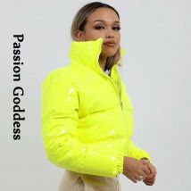 Winter Frauen Shiny PVC/Vinyl Unten Jacken Kurze Puffer Bomber Jacke Helle Leder PU Cropped Parkas Unten Warm Zipper outcoats