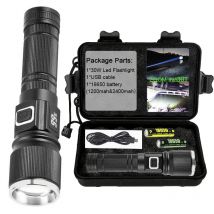 Taktische 30-W-Hochleistungs-LED-Taschenlampe mit LCD-Leistungsanzeige, Zoom, wiederaufladbarer Notfall-Taschenlampen-Scheinwerfer aus Aluminiumlegierung