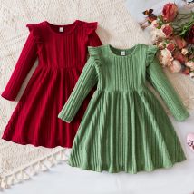 Kinder Mädchen Weihnachts kleid gekräuselt Langarm einfarbig gestrickt Pullover Kleid Geburtstags kleidung Winter Kinder Freizeit kleidung 3-8yrs
