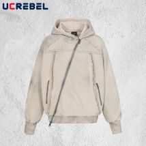 Męskie bluzy z kapturem, sprane, postarzane, łączone, asymetryczny zamek błyskawiczny, jesienne, styl high street, długi rękaw.