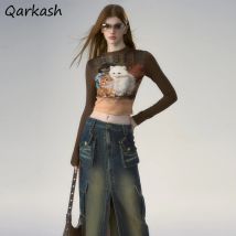 T-shirts Frauen Langarm Slim Fit Taille Oansatz Ölgemälde Europäischen Stil Retro Vintage Casual Alle-spiel Mode Chic weichen