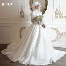 LORIE Muslimisches Hochzeitskleid, glänzendes Langarm-Brautkleid aus Satin, maßgeschneidert, hoher Kragen, bodenlanges Brautkleid, Saudi-Kleid, Dubai
