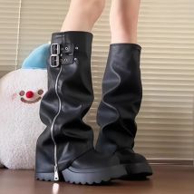 Punk Stil Spleißen Dicken Boden Frauen Kniehohe Stiefel Fashion Zipper Weibliche Plissee Ritter Lange Booties Schuhe