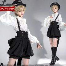 Gothic Weißes Langarm-Lolita-Hemd Retro Schwarz Ouji Prince Hosenträgershorts w. Schleife ~ Elegante Puppe von Princess Chronicles