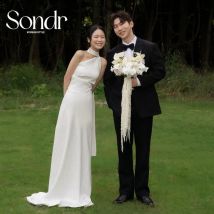 Sondr One Shoulder Backless Korean Wedding Snap Dresses Outdoor Simple Bridal Gown Customized Elegant Bridal Photo Shoot Gown