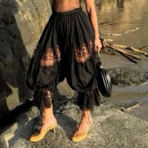 Frauen Floral Spitze Sheer Durchsichtige Patchwork Pumphose Casual Lose Kordelzug Elastische Hohe Taille Abgeschnitten Capri Hosen Hosen