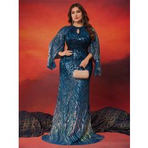 Lucyinlove Plus Size Irregular Long Sleeves Fish scales Sequin Formal Evening Dress Women Floor Lenght Wedding Party Guest Gowns