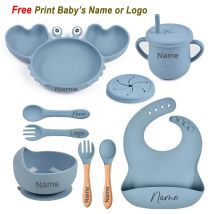 Krabbenplatte für Babys, Silikongeschirr, Saugnapf, Teller, Tablett, Lätzchen, Löffel, personalisierter Name, Namensfütterungsset für Babys für Kinder