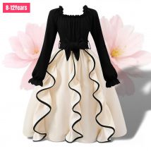2024 Kid Girls Dress Long Sleeve Spring Autumn Square Neck Children Ceremonial Dress Gift Princess Dress Girls Clothing 8-12Y