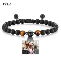 Schwarze Matte Tigerauge-Perlen Armbänder Personalisiertes Foto-Projektions-Armband Maßgefertigte Armbänder mit Bild Personalisierte Geschenke
