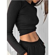 O Neck Long Sleeve Shirt Women Ribbed Sexy Cropped Tops 2024 Spring Black Casual Skinny Slim Basic Woman T Shirts White